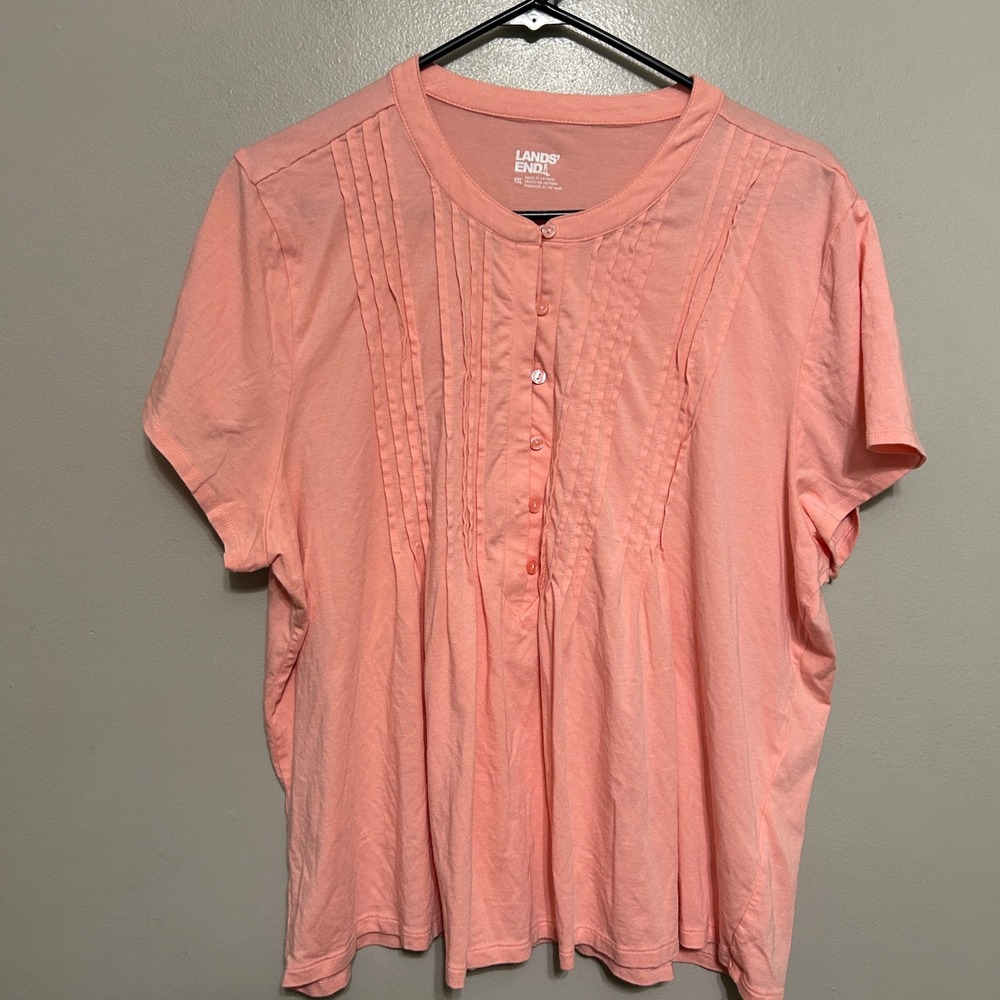 Lands End Blouse XXL Peach Pintuck Pleat Short Sleeve Henley Preppy Cottagecore